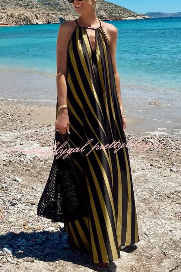 Striped Print V-Neck Loose Beach Vacation Maxi Dress
