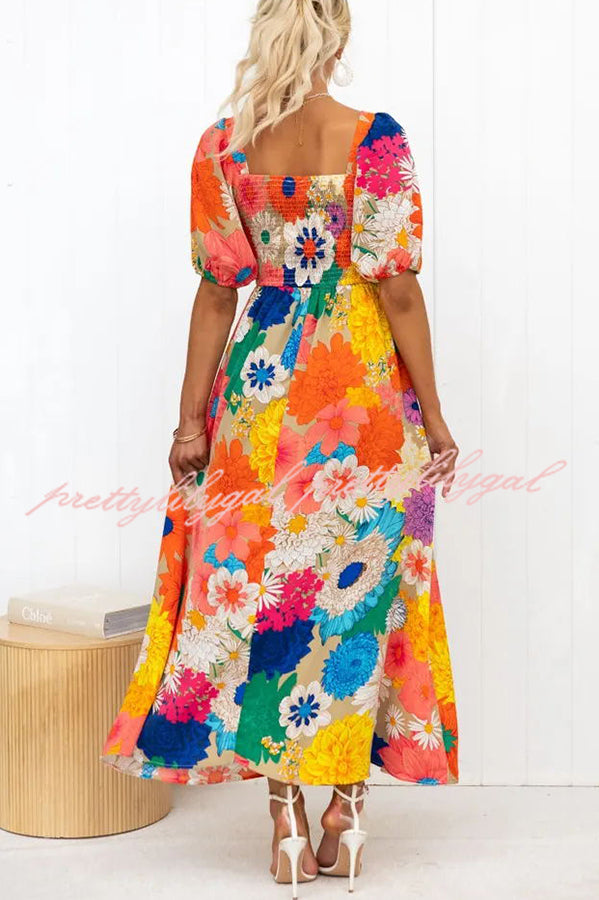 Floral Frenzy Printed Puff Sleeve Back Smocked Maxi Dress