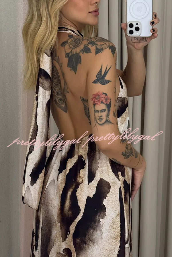 Leopard Print Sexy Halter Neck Backless Loose Maxi Dress
