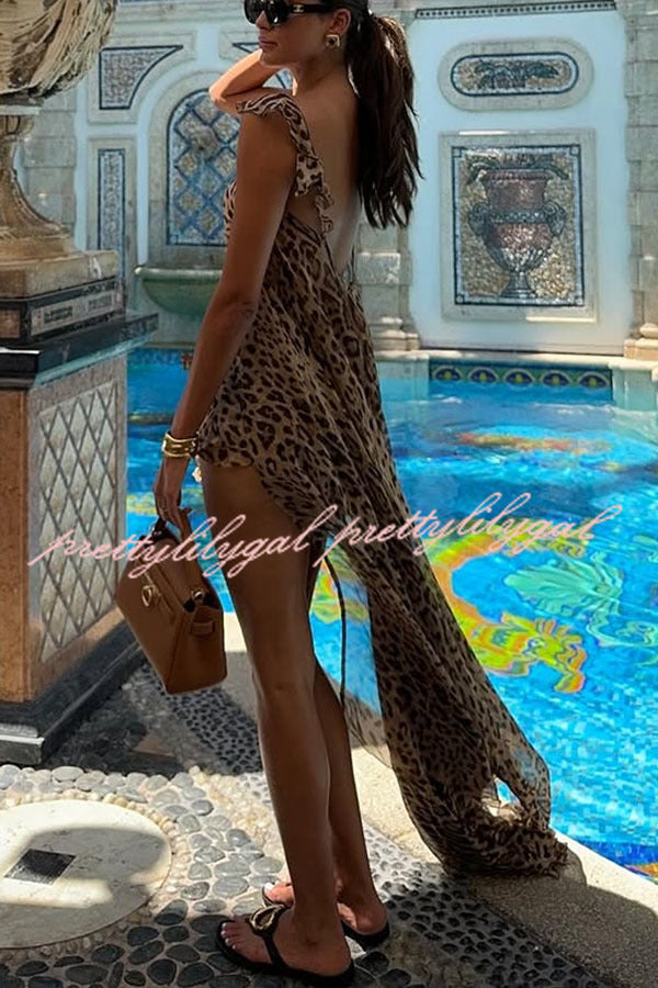 Immerse Vacation Leopard Tie-up Slit Midi Top and Elastic Waist Shorts Set