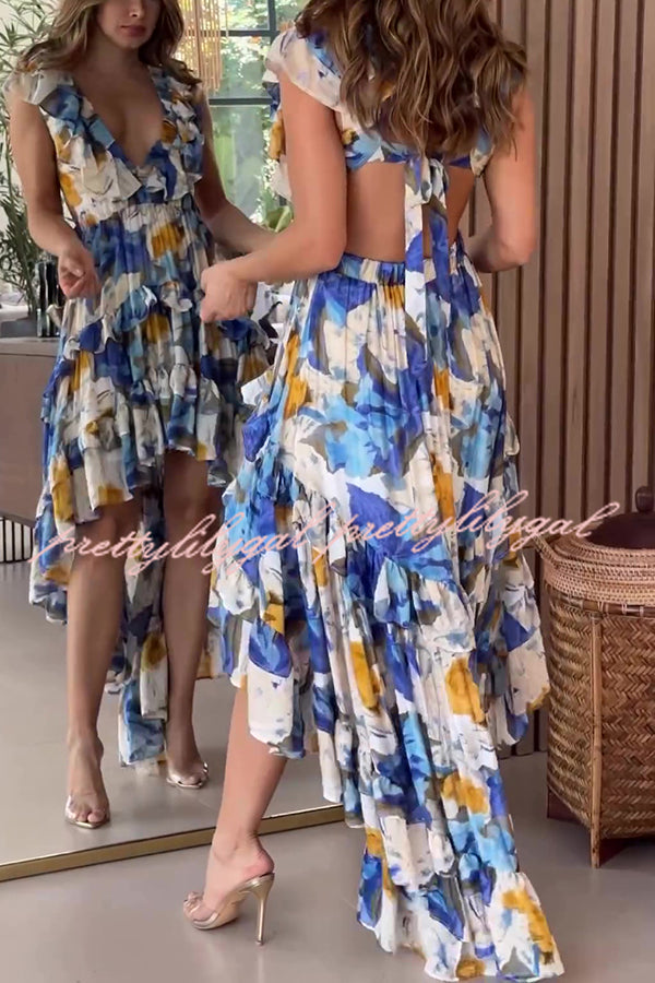 Boho Floral Print Sexy V-neck Backless Resort Maxi Dress