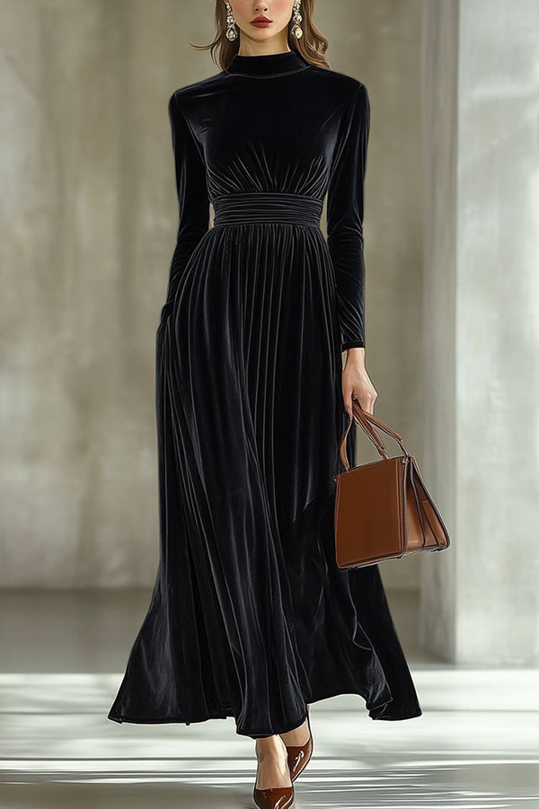 Solid Color Velvet Long-sleeved High-waisted Elegant Maxi Dress
