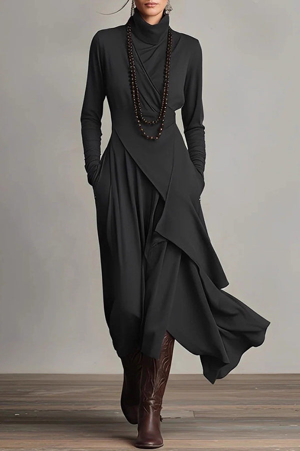 Solid Color High-neck Long-sleeved Irregular Casual Maxi Dress Solid Color High-neck Long-sleeved Irregular Casual Maxi Dress