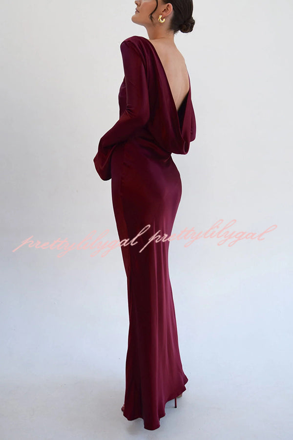 Satin Elegant Long-sleeved Open-back Slim-fit Slit Maxi Dress