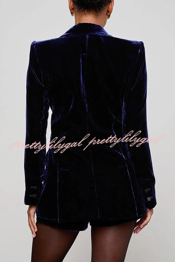Bold Modern Velvet Contrast Satin Lapel Blazer and High Rise Pocket Shorts Set