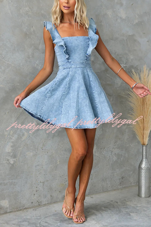 Sweet Secret Denim Square Neck Ruffle Sleeve Stretch Mini Dress