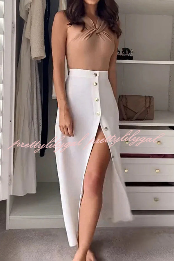 Stylish Sleeveless Stretch Fit Top and Relaxed Buttoned Slit Maxi Skirt Set