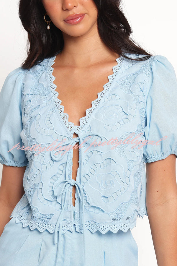 Fashionable V-neck Tie Puff Sleeve Top and Casual Pocket Shorts Set