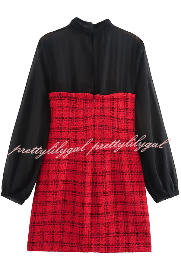 Festive Elegance Tulle Plaid Tweed Patchwork Balloon Sleeve Mini Dress