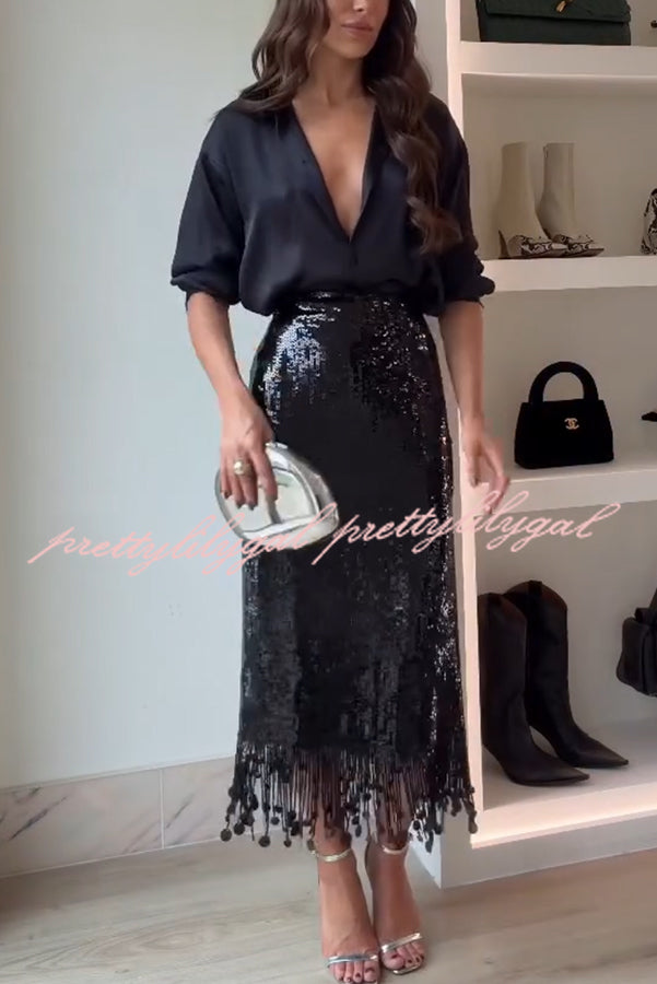City Queen Sequin Tassel Round Pieces High Rise Back Zipper Midi Skirt