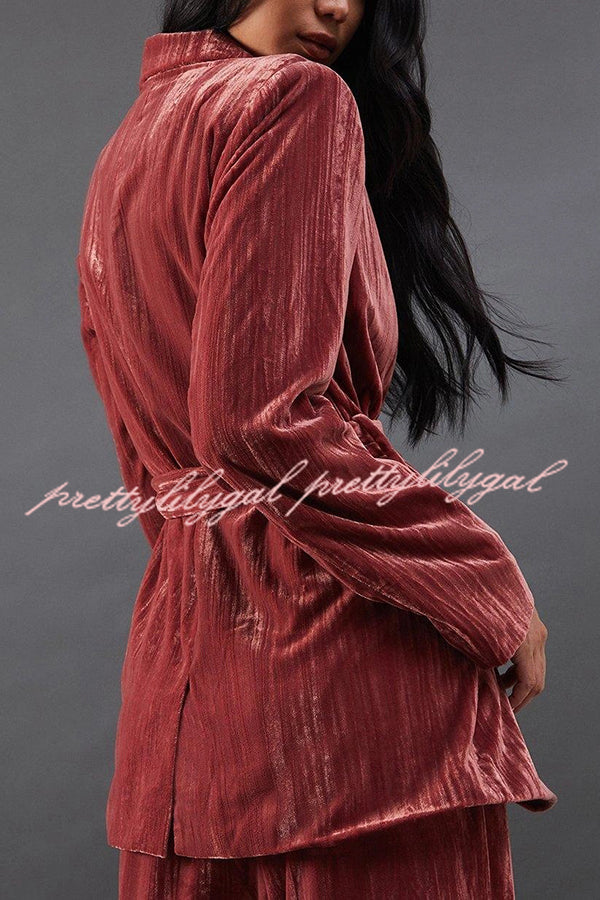 Solid Color Velvet Long-sleeved Waist Tie Top and Elastic Waist Casual Pocket Straight-leg Pants Set