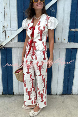 Fun Vacation Lobster Print Front Tie-up Puff Sleeve Loose Shirt