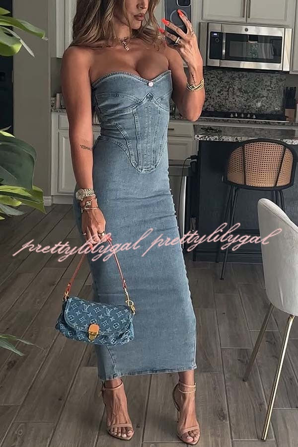Cutie Denim Rosette Detail Corset Off Shoulder Stretch Maxi Dress