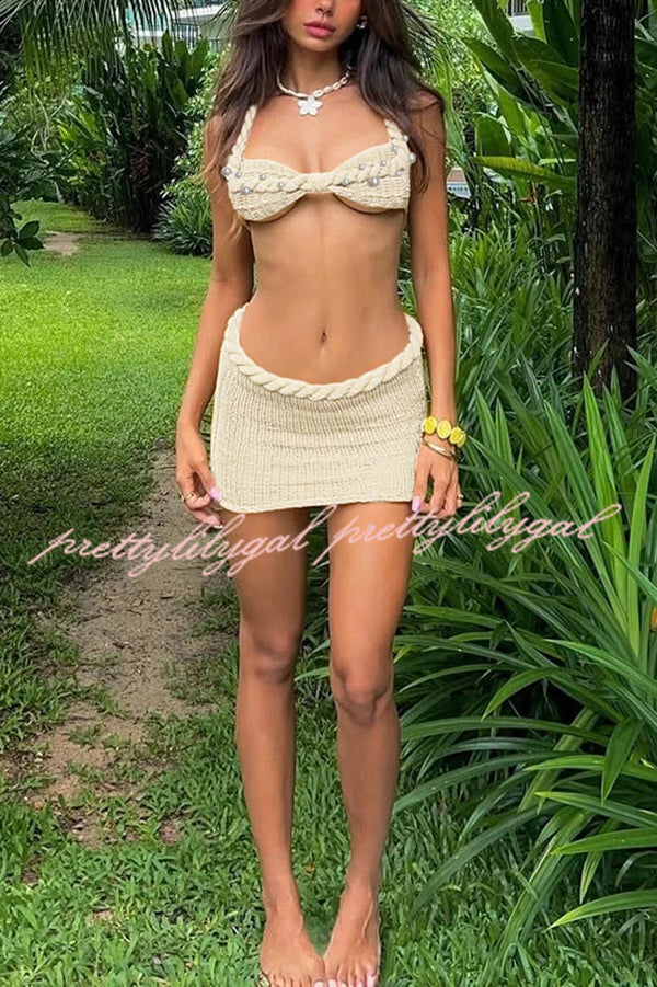 Sexy Halterneck Pearl-embellished Lace-up Tank and Fitted Knit Mini Skirt Set
