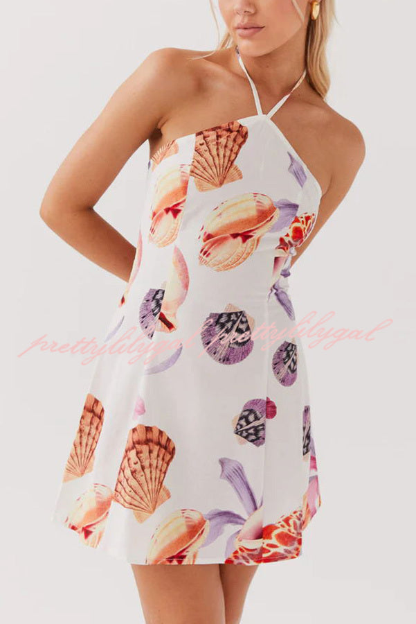 Seaside Bouquet Linen Blend Shells Unique Print Halter Mini Dress