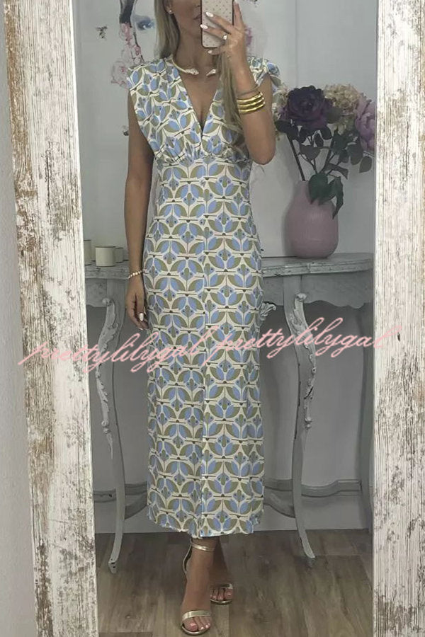 Forever Here Printed Padded Shoulder Front Center Slit Midi Dress