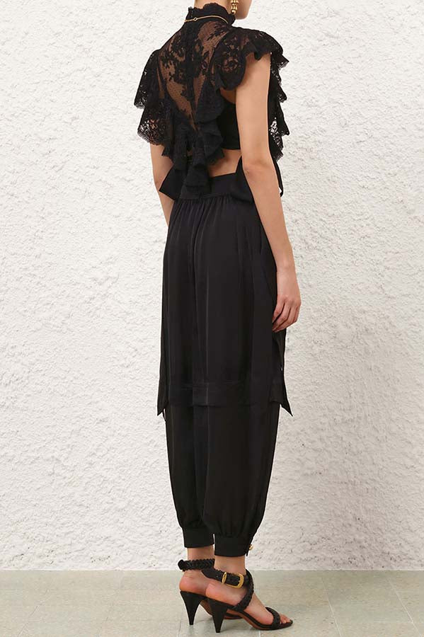 Salenia Lace Appliqué High Neck Side Tie-up Ruffle Cropped Top