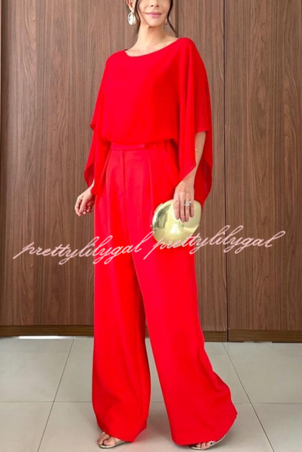Vanie Chiffon Cape Batwing Sleeve Top and High Waist Pocket Wide Leg Pants Set