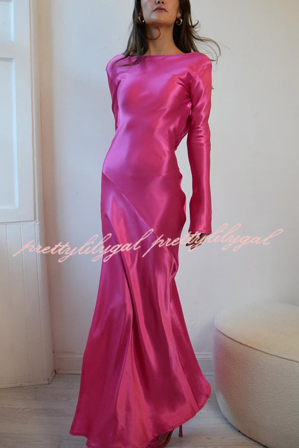Satin Elegant Long-sleeved Open-back Slim-fit Slit Maxi Dress