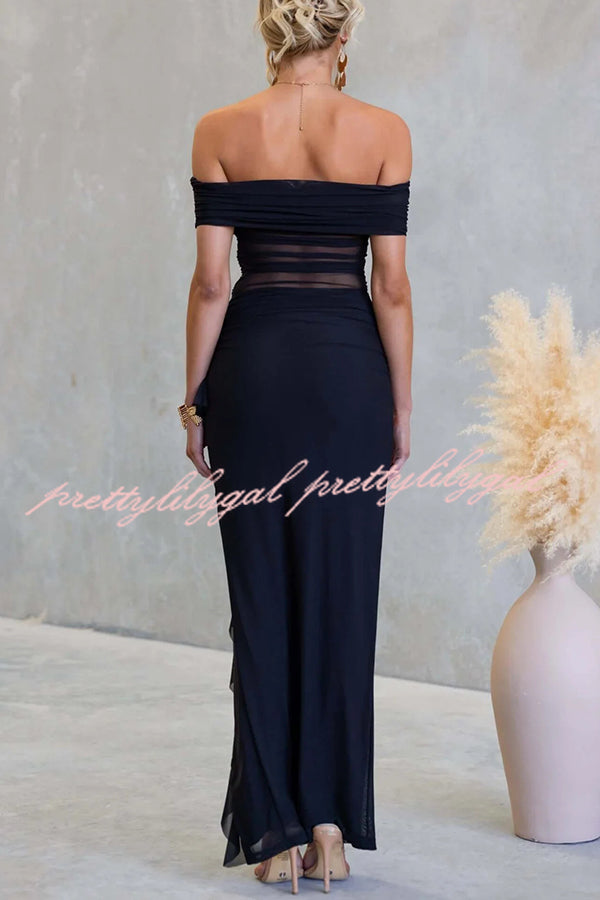 Sexy Mesh Off-shoulder Slim Fit Ruffled Slit Maxi Dress
