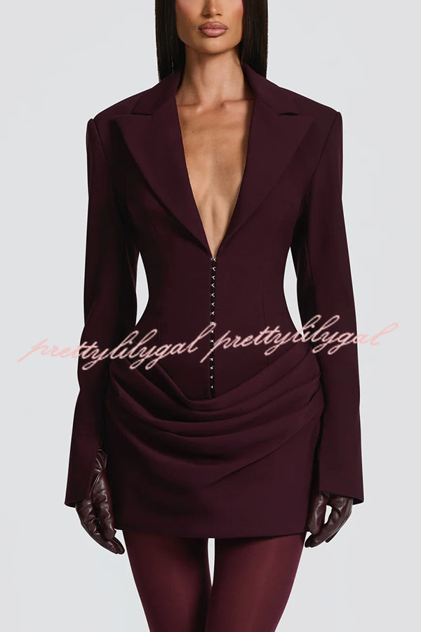 Solid Color Slim-fit V-neck Elegant Draped Formal Mini Dress