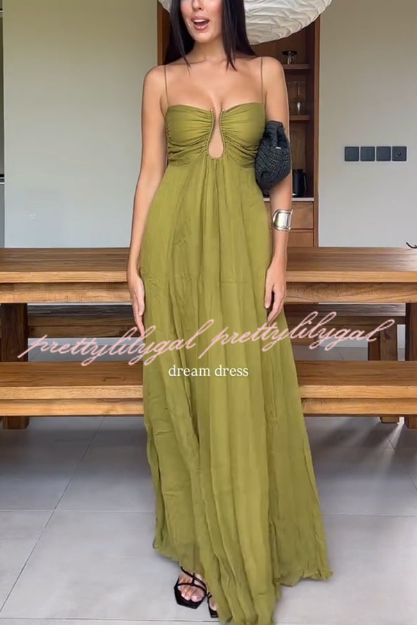 Soft and Elegant Metal Hollow Design Back Smocked A-line Slip Maxi Dress
