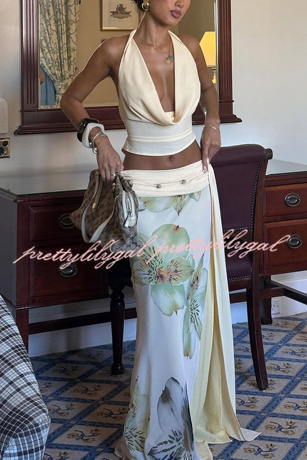 Beautiful Statement Cowl Neck Halter Tank and Floral Ruched Waist Slit Maxi Skirt Set