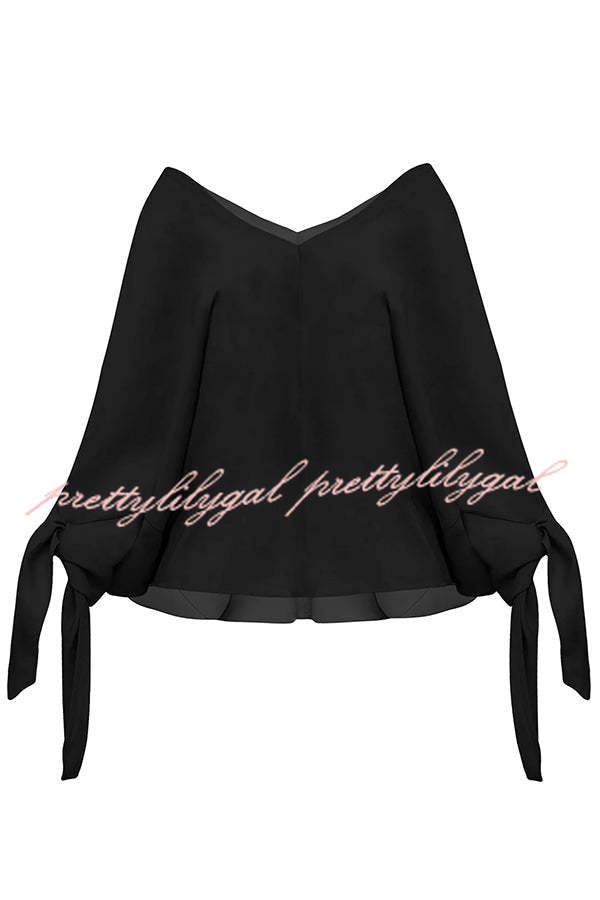 Joyful Bond Linen Blend V-neck Knotted Cuff Half Sleeve Loose Top