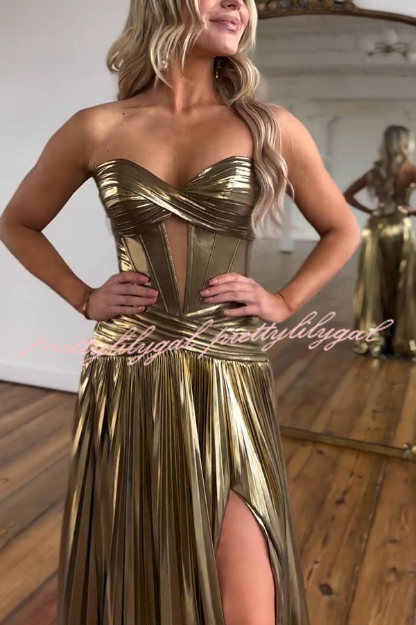 Dazzling Metallic Fabric Cross Strapless Cutout Slit Pleated Maxi Dress