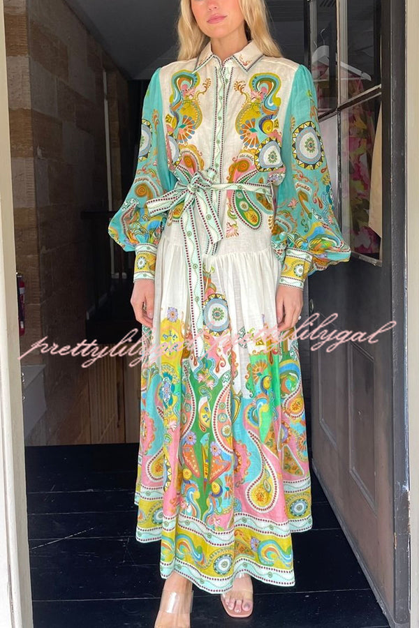 Hello Vacay Unique Print Balloon Sleeve Belt Shirt Midi Dress