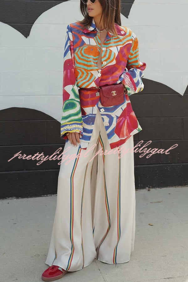 Elouise Satin Color Block Art Print Long Sleeve Button Back Elastic Waist H-line Mini Dress