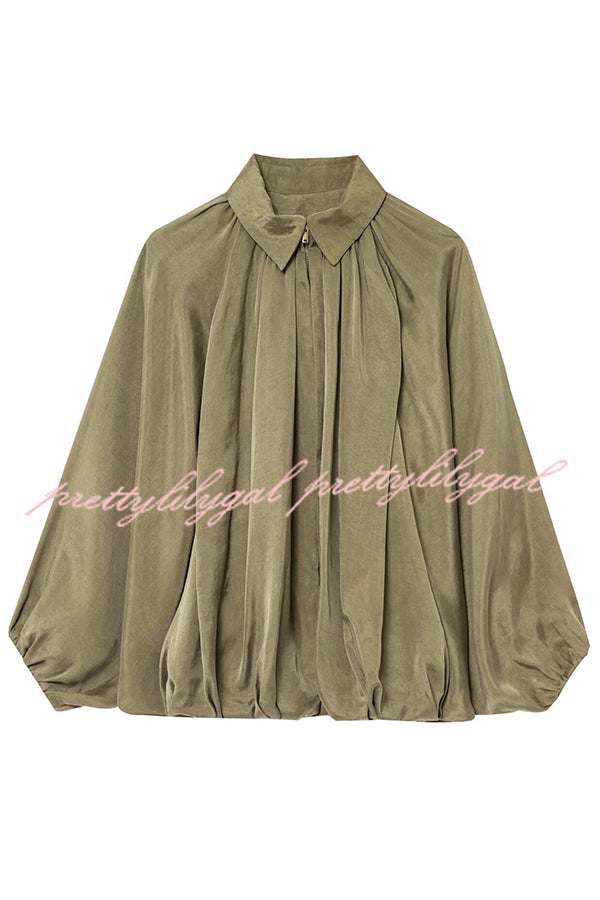 Fashion Lapel Loose Puff Long Sleeve Casual Zipper Jacket