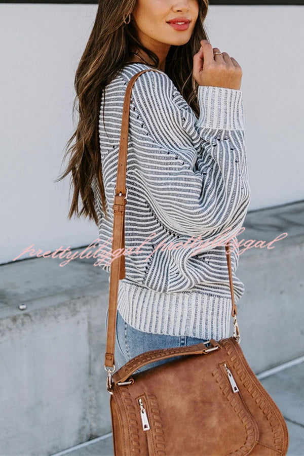 Knitted Striped Round Neck Dolman Sleeve Casual Loose Sweater