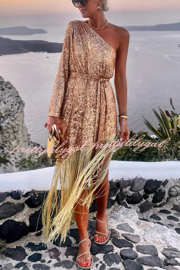 For The Love Gold Sequin One Shoulder Belted Fringes Midi Dress