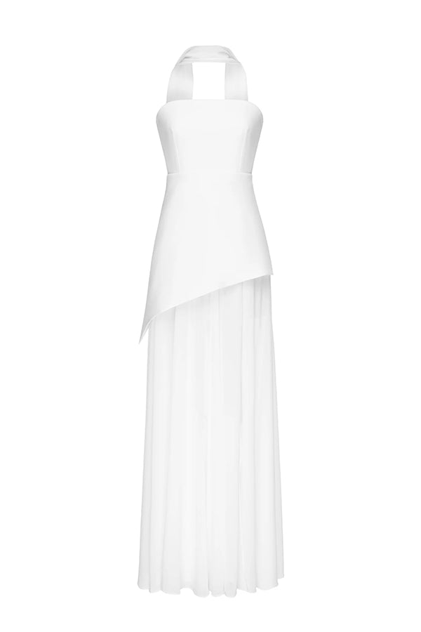 Monaco Off Shoulder Structured Top Chiffon Slit Hem Scarf Maxi Dress