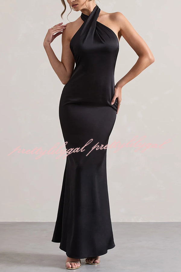 Solid Color Halter Neck Tie Sexy Backless Slim Maxi Dress