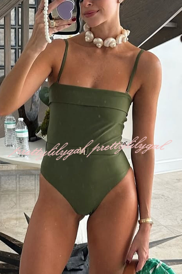 Solid Color Suspender Buckle Waist Elastic Swimsuit