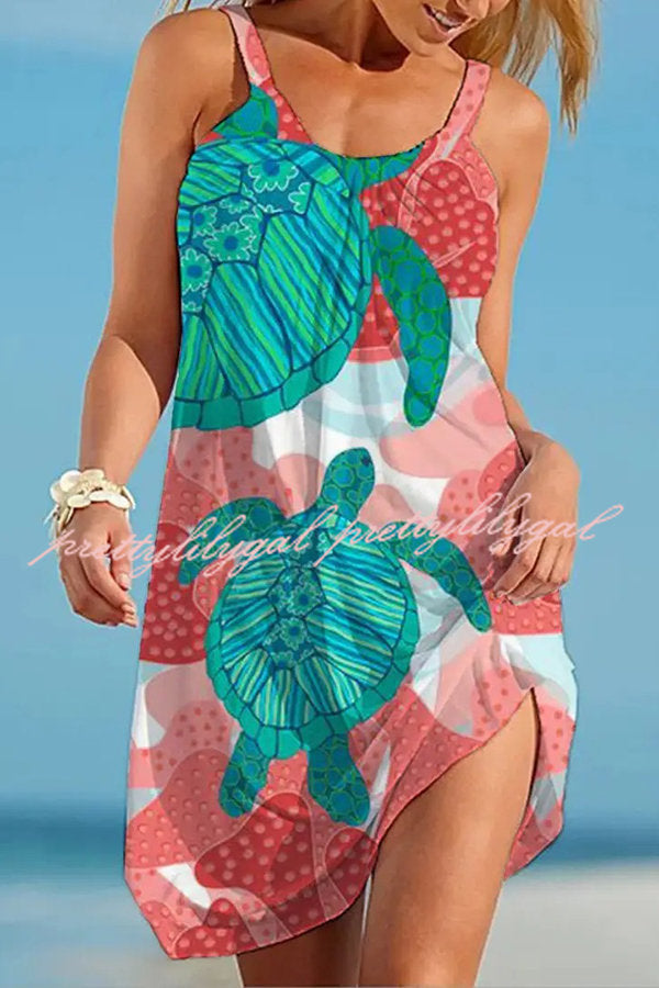 Liberty Island Ocean Turtle Printed Sling Beach Mini Dress