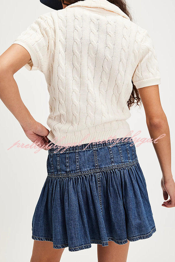 Solid Color Elastic Waist Button Tie Denim Mini Skirt