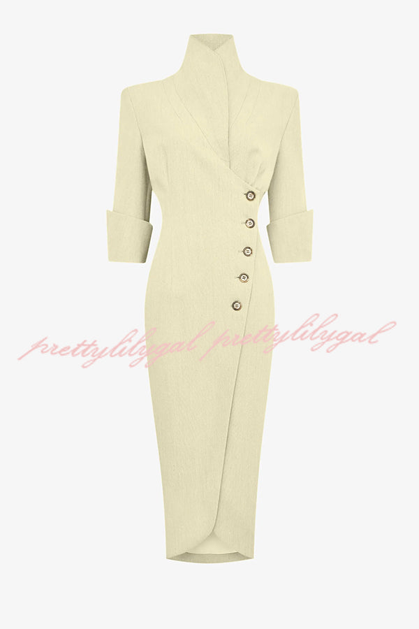 Elegant Look Linen Blend Stand Lapel Neck Half Sleeve Side Button Midi Dress