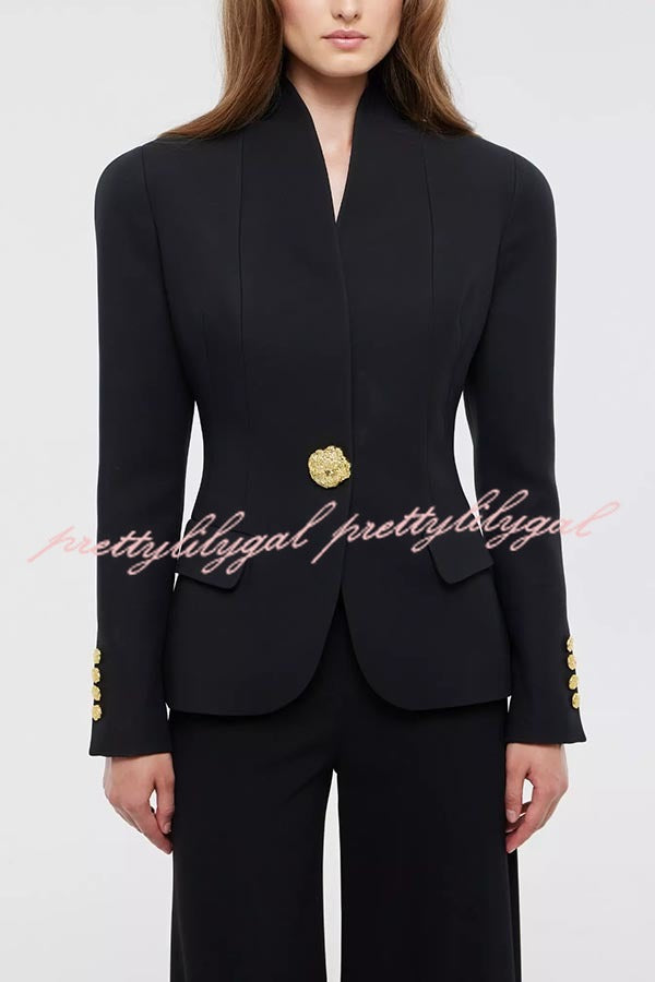 Classic Luxury Unique Metal Button Stand Collar Long Sleeve Blazer