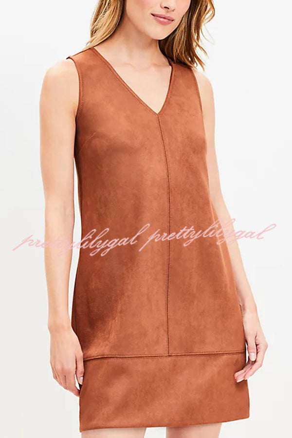 Found Your Style Faux Suede V-neck Sleeveless Shift Mini Dress