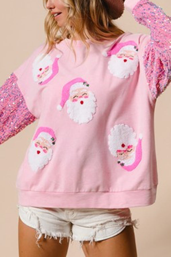 Christmas Casual Loose Round Neck Sequined Sleeve Sweatshirt