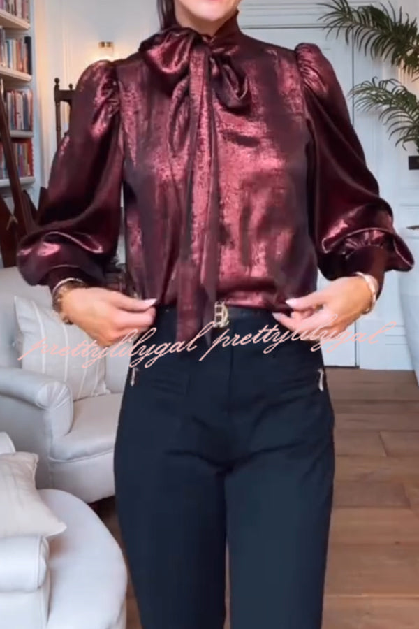 Ariella Metallic Satin Fabric Tie-up Bow Neck Long Sleeve Blouse
