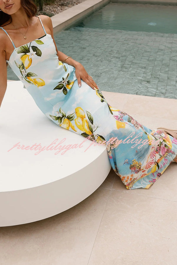Summer Lemon Print Elegant Suspender Back Lace Up Maxi Dress