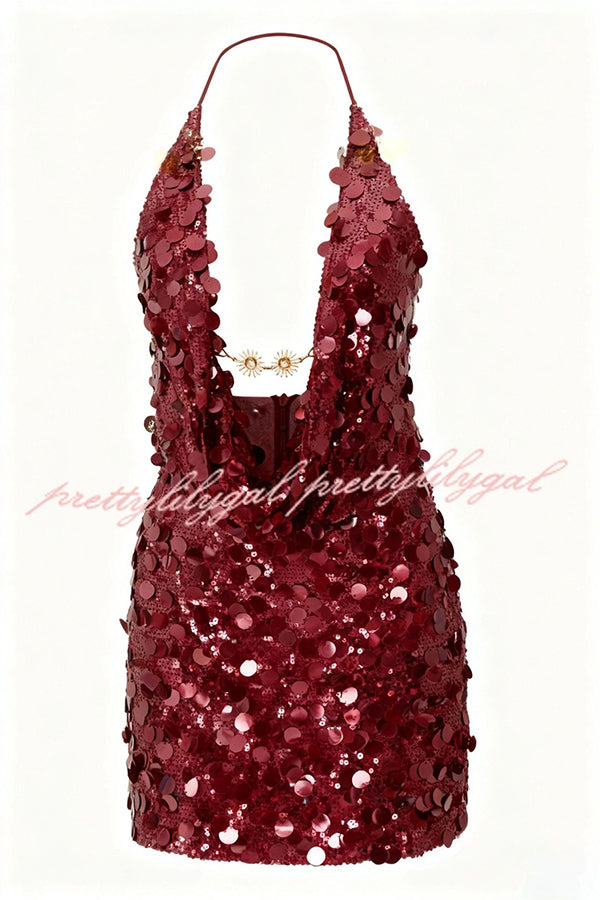Sexy Halter Neck Sequined Open Back Mini Dress