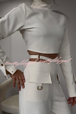 Leia High Neck Button Bell Sleeve Top and Cutout Waist Metal Pocketed Flare Pants Set