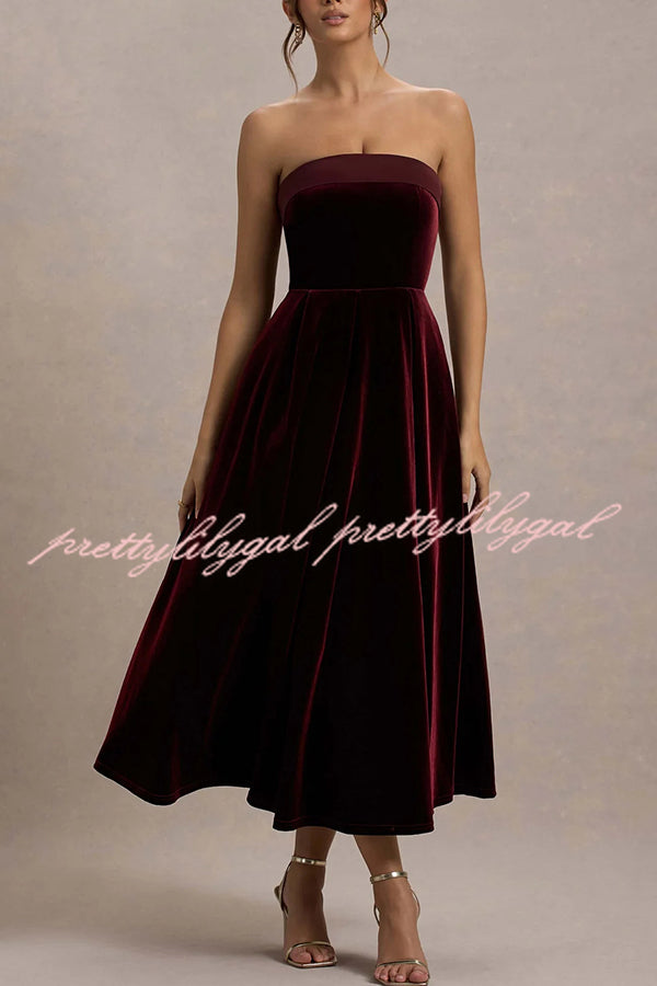 Center of Attention Velvet Satin Neck Bandeau Pleated Midi Dress