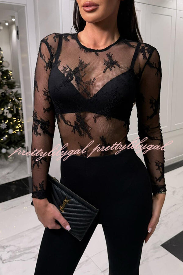 Elegant Sexy Touch Lace Mesh Long Sleeve Stretch Bodysuit