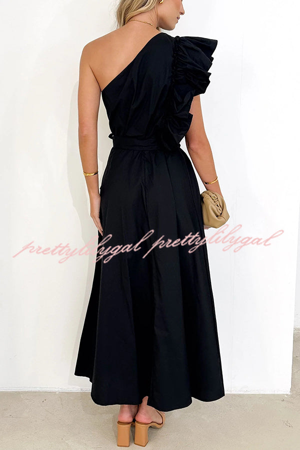 Solid One Shoulder Ruffled Sleeves Tie Waist Maxi Dress